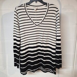 Loft Lounge Womens Large Black White Striped V-Neck Long Sleeve Top 518113 Soft